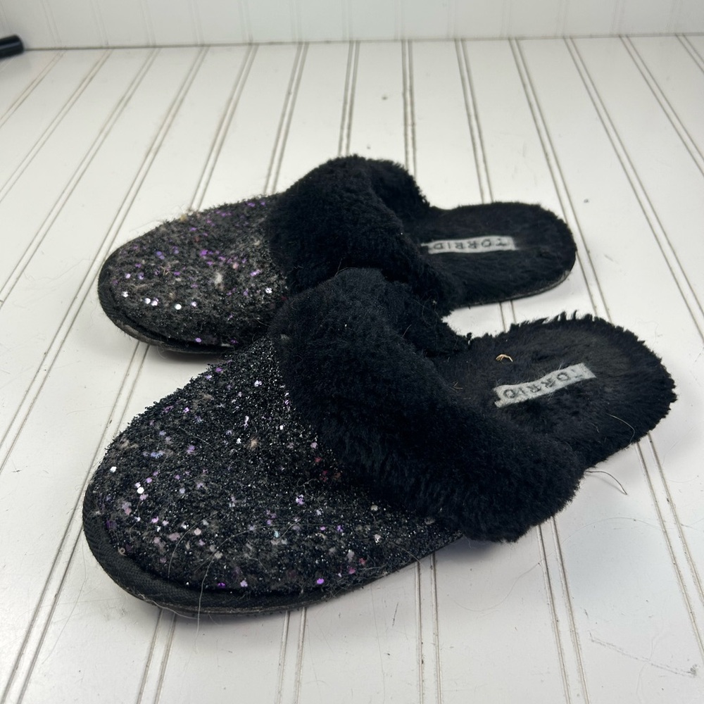 Torrid Black Faux Fur Glitter Slip On Slippers Womenโs Size 9M - Picture 6 of 9